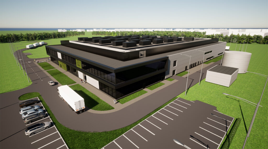 Wizualizacja nowej fabryki Phillips Medisize, która powstanie w Siemianowicach Śląskich, render komputerowy przedstawiający budynek główny w kolorze szarym