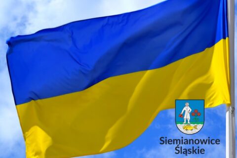 Flaga Ukrainy na Tle Błękitnego Nieba z Siemianowickim Herbem w prawym dolnym rogu
