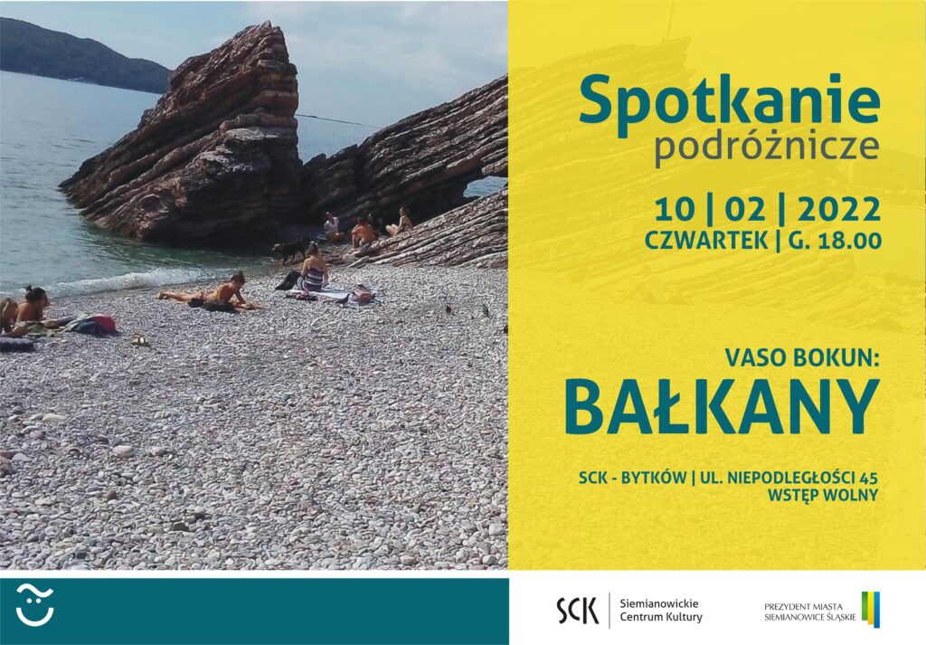 Na zdjęciu po lewej stronie plaża bałkańska z dużą skałą. Po lewej na żółtym tle napisy z informacjami o imprezie