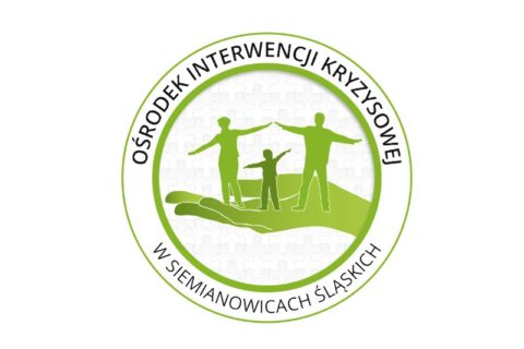 Logo Ośrodka Interwencji Kryzysowej w Siemianowicach, Zielony okrąg z postacami na ręce, na brzegu napis Ośrodek Interwencji Kryzysowej w Siemianowicach Śląskich