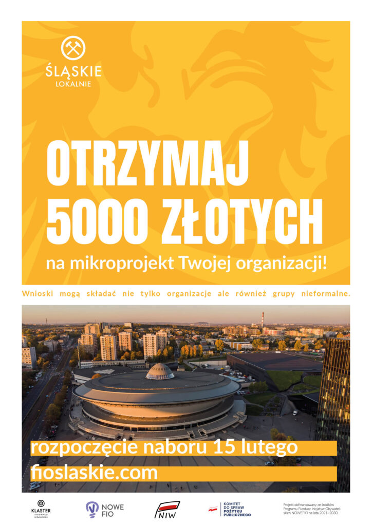 Plakat - na żółtym tle napis: Otrzymaj 5000 złotych na mikroprojekt Twojej organizacji!