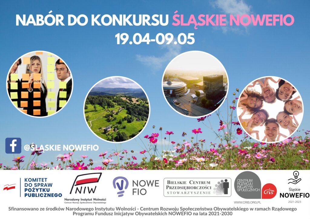 Plakat konkursu Śląskie NoweFio. Na błękitnym tle okrągłe  fotografie .poniżej łąka