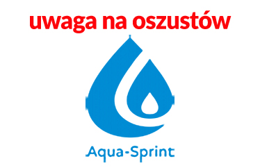 Plansza ostrzegająca przed oszustwami. Na niej logotyp Aqua Sprint sp. z o.o.