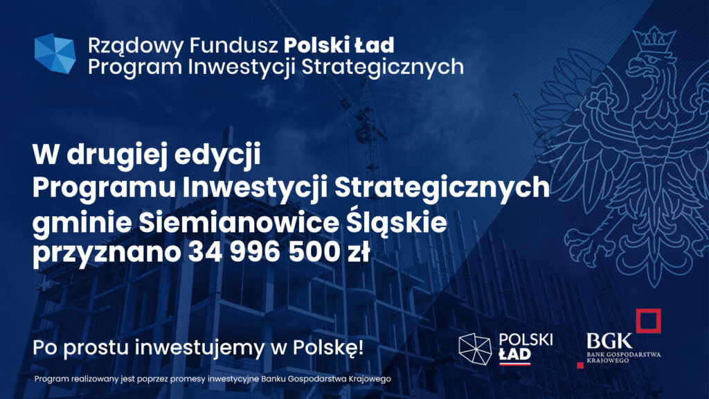 Infografika dotycząca 35 milionów, jakie Siemianowice Śląskie pozyskały z Rządowego Funduszu Polski Ład.