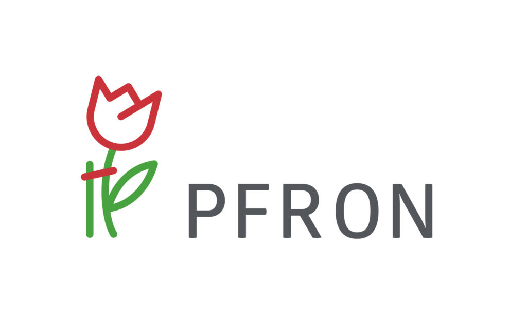Logo PFRON - napis:PFRON i rysunek tulipana