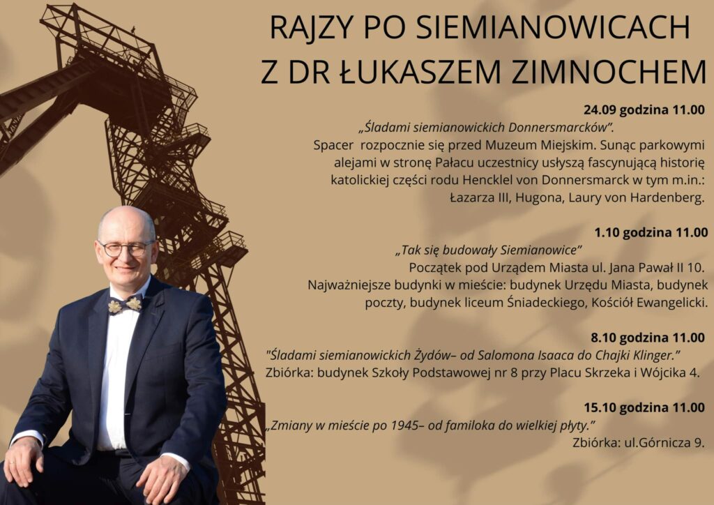 Afisz zapraszający na spacery z Łukaszem Zimnochem