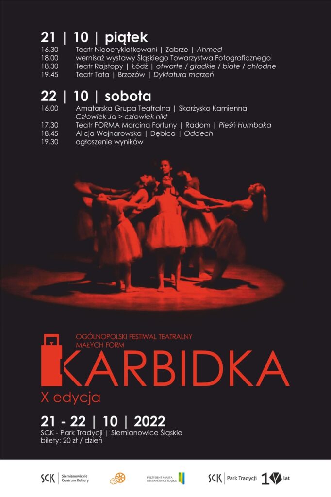 Karbidka 2022 plakat informujący o festiwalu z programem występów teatralnych