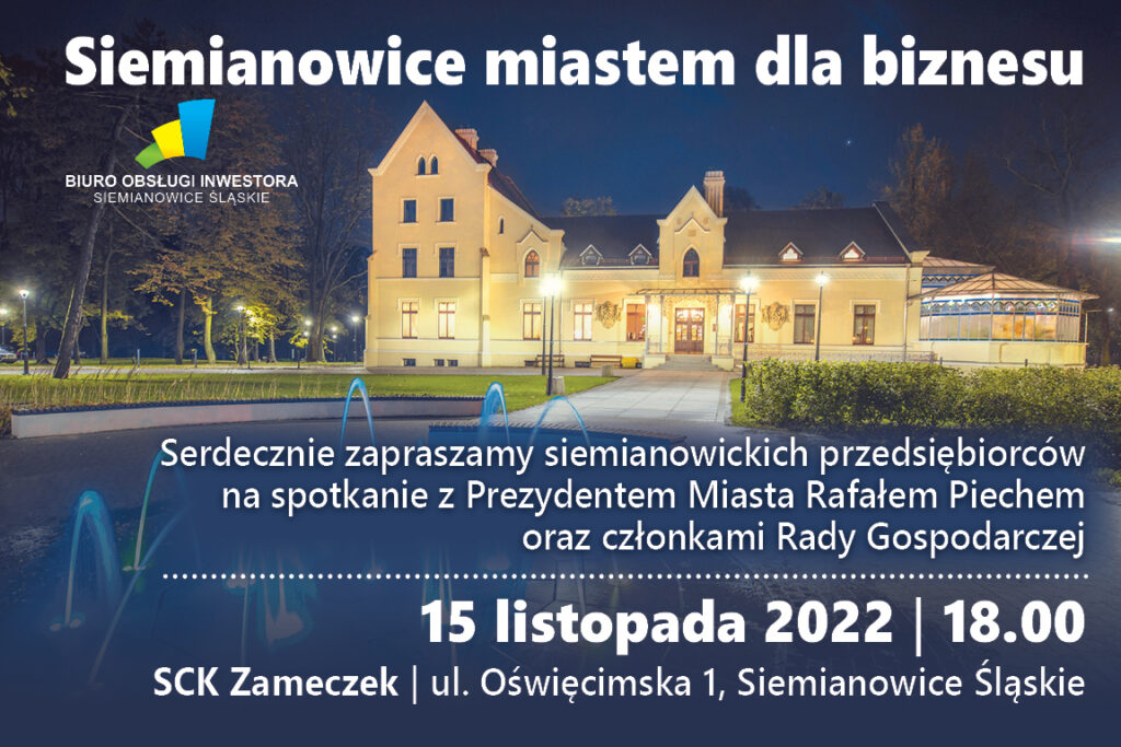 Plakat: na granatowym tle Zameczek i tekst zaproszenia