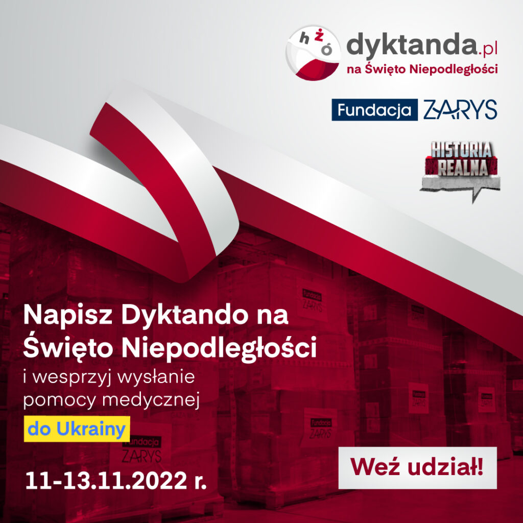 Biało-czerwone tło, wstęga w narodowych barwach i informacja o dyktandzie