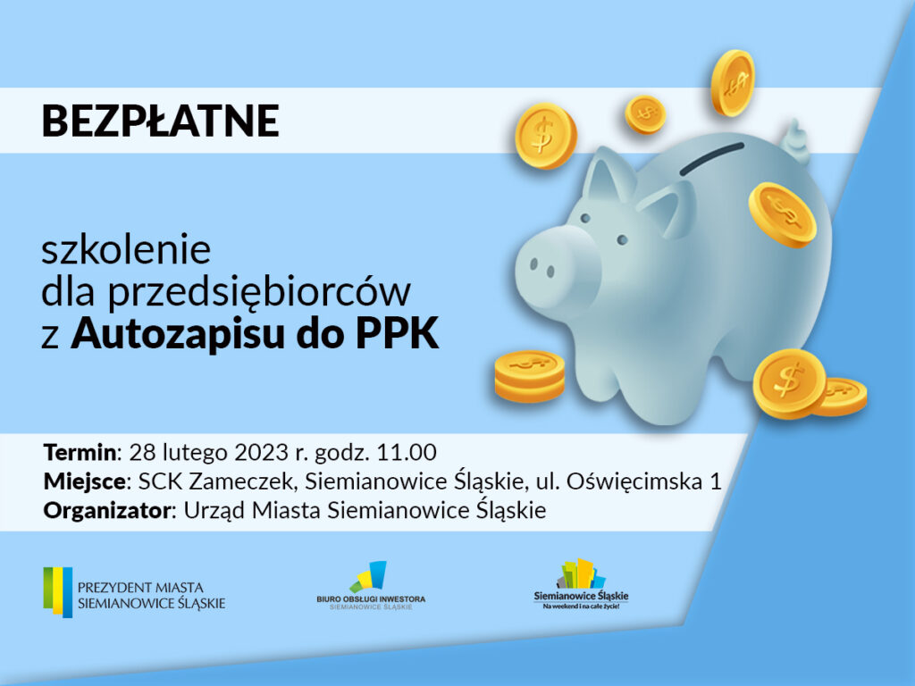 Plakat: na niebieskim tle skarbonka - świnka i monety oraz tekst informacyjny