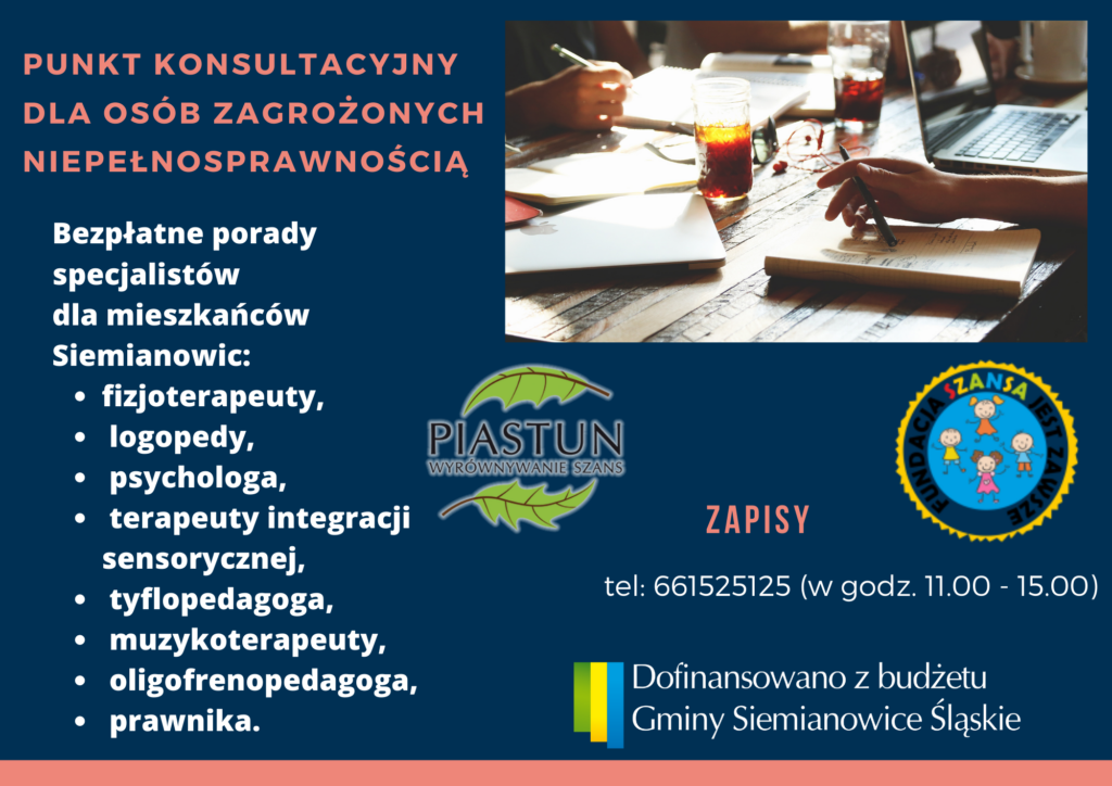 Plakat: na granatowym tle oferta punktu konsultacyjnego, logo Fundacji, widok stołu konferencyjnego