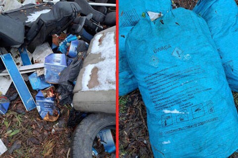 Worki z odpadami oraz stare opony - na dzikim wysypiksu śmieci.