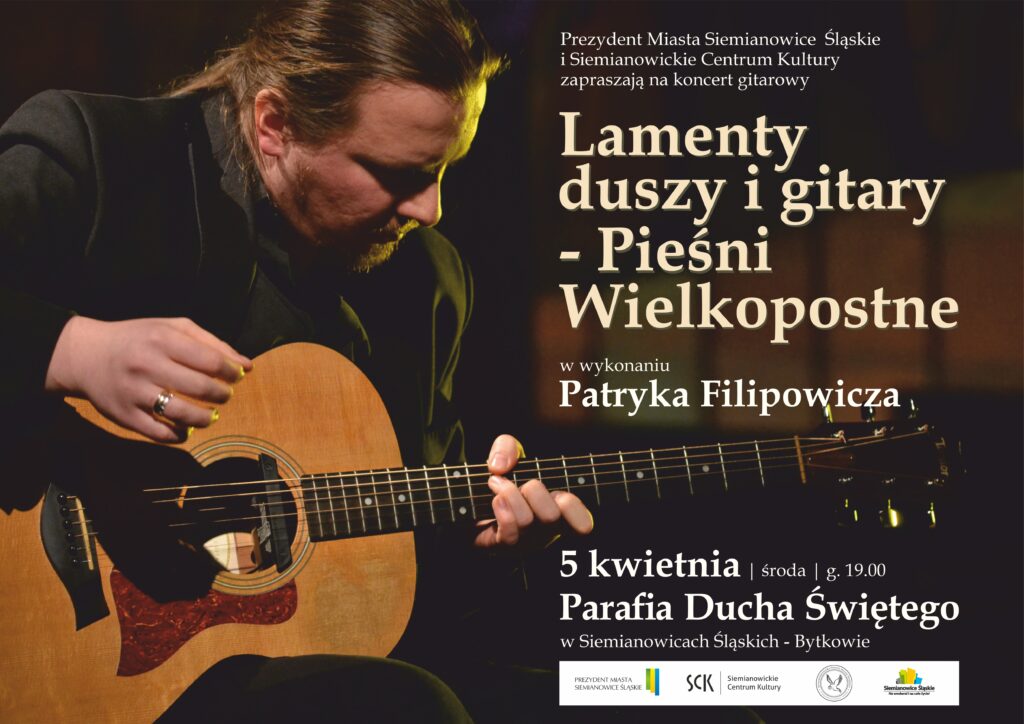 Plakat wydarzenia: informacja oraz zdjęcie artysty z gitarą