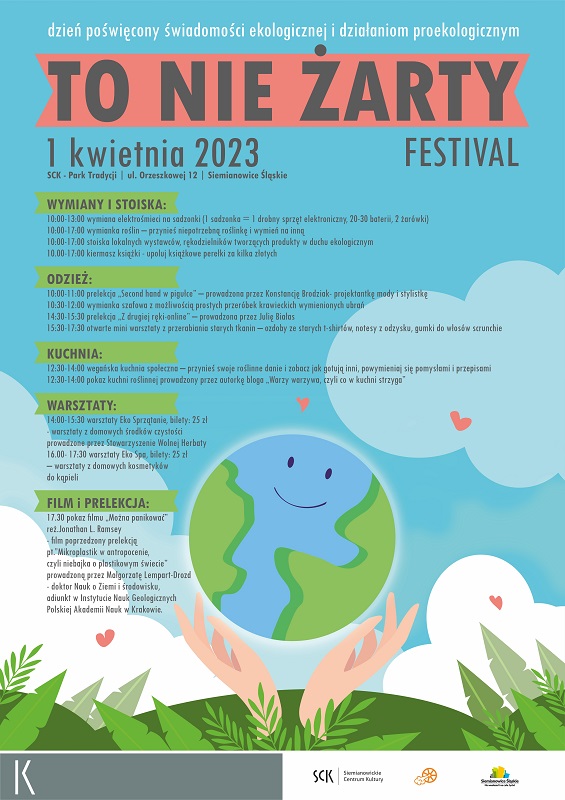 Plakat z grafiką planety ziemi oraz szczegółowym programem festiwalu