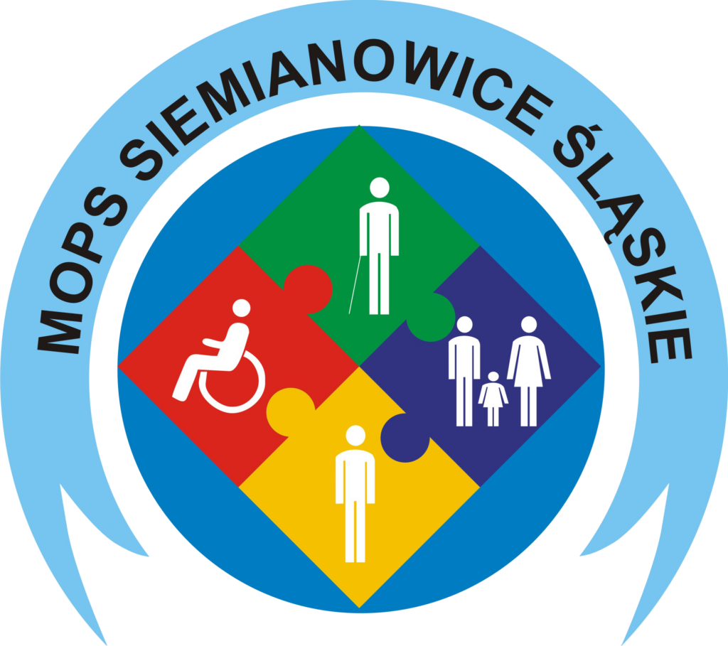 Logo MOPS okrągłe, 4 pola z sylwetkami beneficjentów