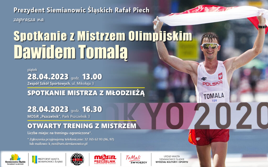 Plakat zapraszający na otwarty trening z mistrzem olimpijskim Dawidem Tomalą