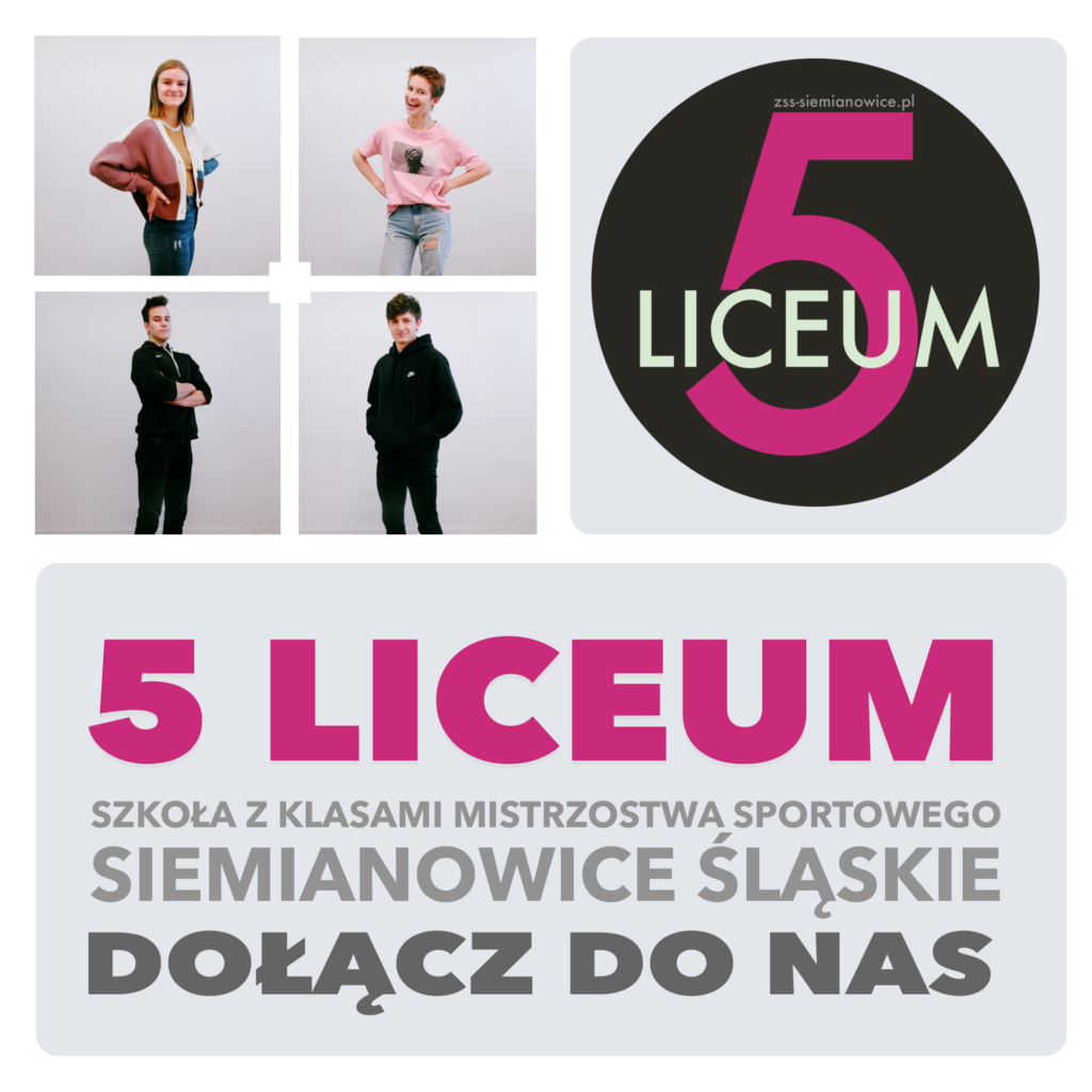 Plakat reklamujący 5 LO: 4 pola z postaciami uczniów, napis "Dołącz do nas", 5 LO