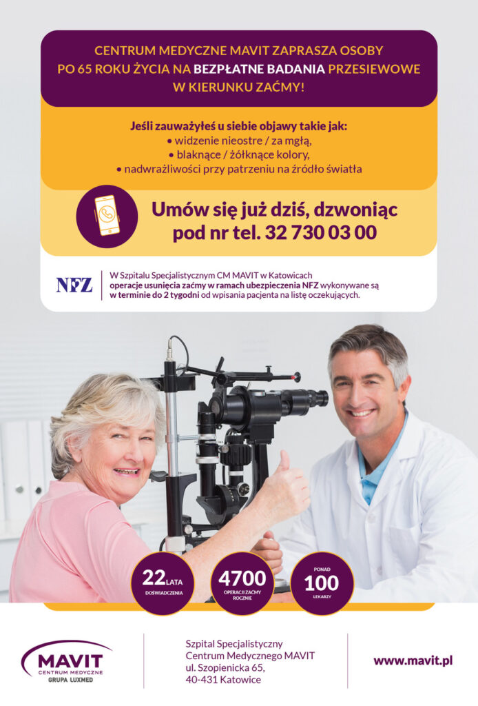 Plakat - lekarz okulista badający starszą pacjentkę