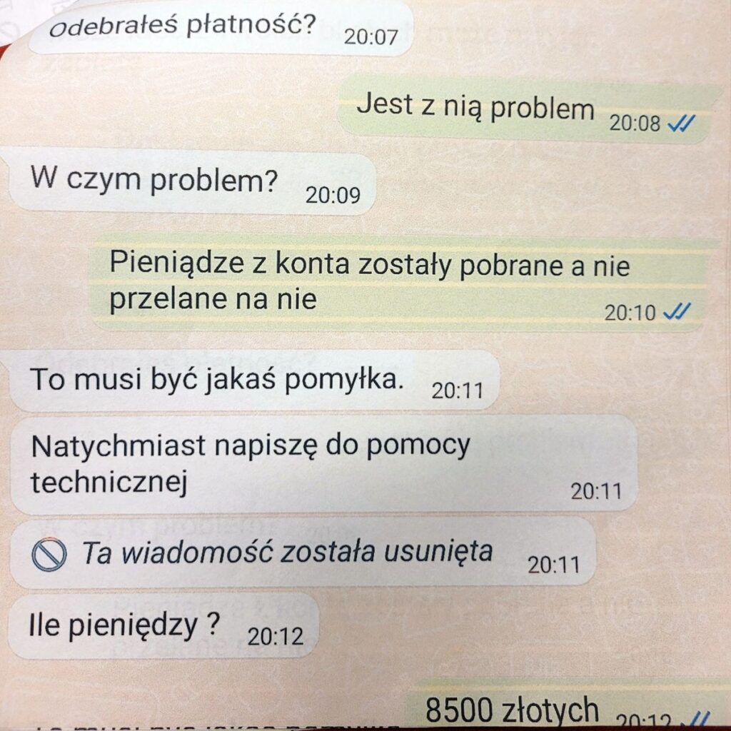 Zdjęcie dokumentujące korespondencję podczas feralnej transakcji