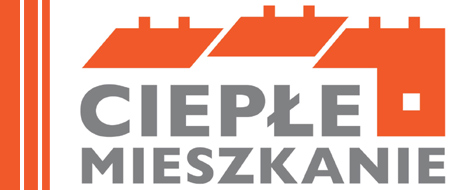 Szaro-pomarańczowy banner Ciepłe Mieszkanie. Widnieje na nim napis oraz dachy budynków.