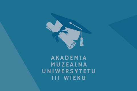 Grafika przedstawiająca studencki biret i dyplom. Na dole napis „Akademia Muzealna Uniwersytetu Trzeciego Wieku Wieku”