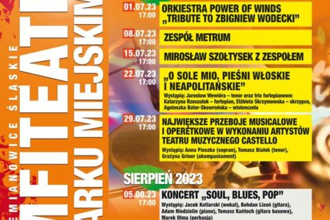 Afisz informujący o cyklu koncertów Koncerty Letnie. Na kolorowym tle program wszystkich koncertów w lipcu i sierpniu