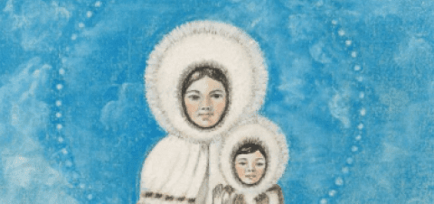 Na niebieskim tle, Maryja z dzieciątkiem, ubrana w strój kojarzony z kulturą eskimoską