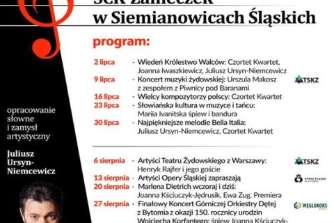Afisz informacyjny cyklu koncertów Muzyka u Rheinbabenów. Program wszystkich koncertów w lipcu i sierpniu. Plakat utrzymany w kolorach białym, czarnym i czerwonym, ze zdjęciem Juliusza Ursyna-Niemcewicza.