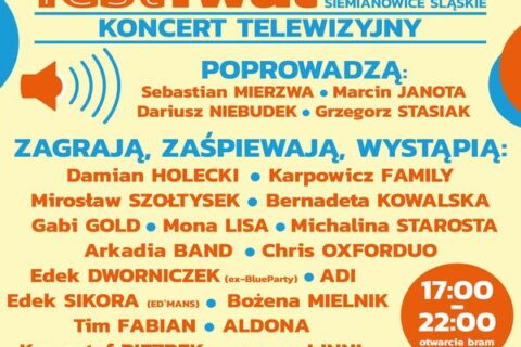 Afisz zapraszający na Szlagier Top Festiwal. U góry nazwa imprezy, poniżej wykaz prowadzących oraz wykonawców. Na dole loga sponsorów