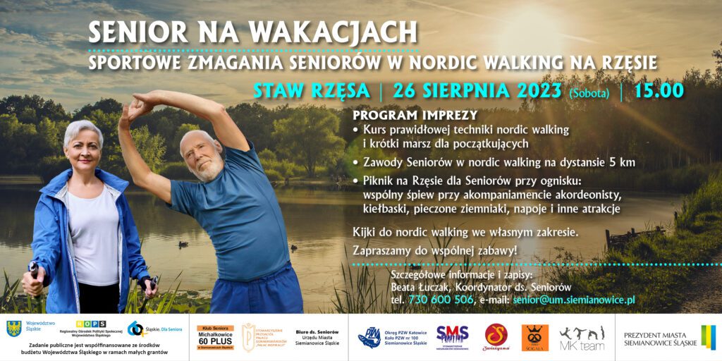 Plakat: dwoje seniorów podczas nordic walking