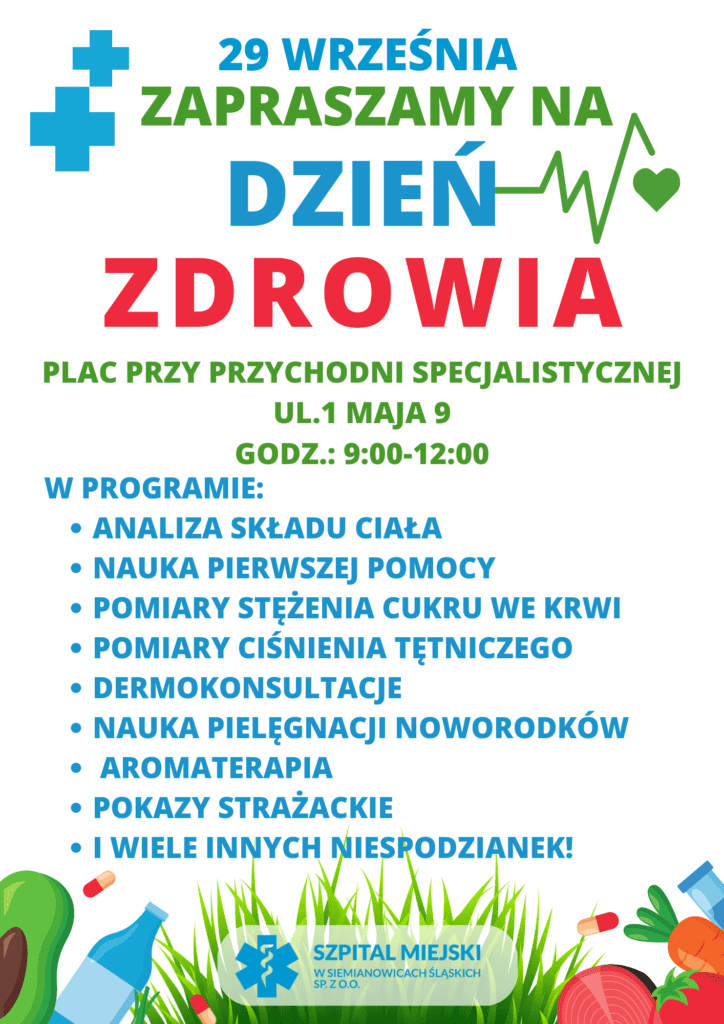 Plakat: informacja o pikniku, u dołu trawa i zdrowa żywność i witaminy