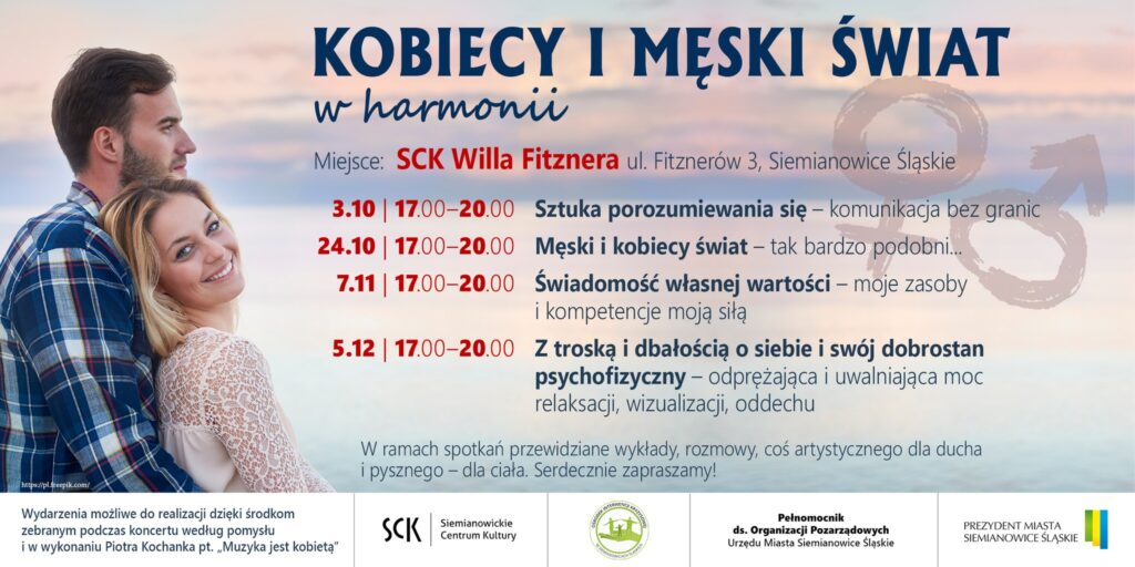 Plakat: kobieta i mężczyzna oraz informacja o cyklu spotkań