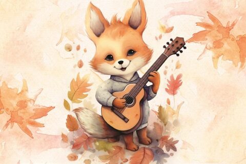 Plakat reklamowy z rysunkiem liska z gitarą na tle jesiennych liści
