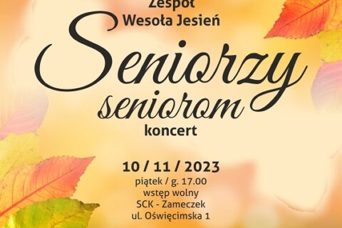 Plakat reklamujący koncert zespołu Wesoła Jesień w tle jesienne liście