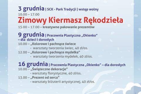 Plakat utrzymany w tonacji zimowej. Na plakacie przedstawiony szczegółowy program wydarzenia