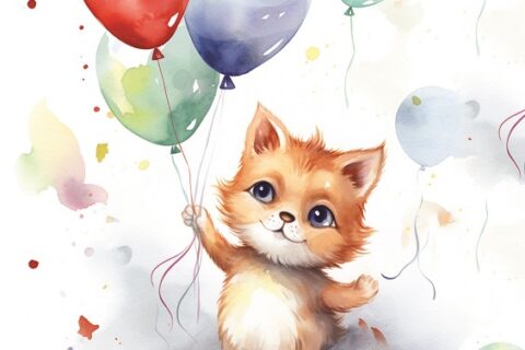 Plakat reklamowy koncertu Gordonowskiego z rysunkiem kotka trzymającego kolorowe baloniki