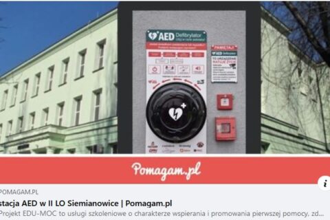 Obrazek promujący zbiórkę na AED w II LO przedstawiający AED i budynek II LO im Jana Matejki w tle.