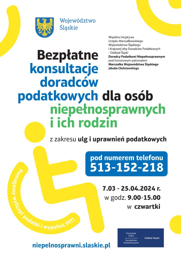 Plakat:informacja i żółty rysunek symbolizujący osobę na wózku inwalidzkim