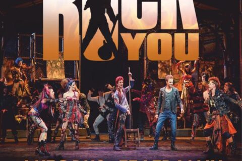 Afisz zapraszający na Autobus Teatralny do Warszawy, na musical We Will Rock You