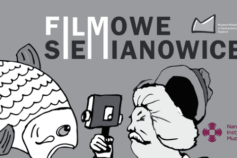 Na szarym tle napis „Filmowe Siemianowice”, na dole ryba z siemianowickiego herbu i siemion kręcący ją kamerą. W prawym dolnym rogu logo Narodowego Instytutu Muzeów