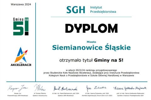 Dyplom z wyróżnieniem dla Siemianowic Śląskich, która po raz kolejny została Gminą na 5.
