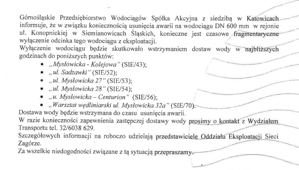 Treść pisma dotyczacego awarii wodociagów GPW