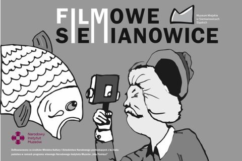 W górnej części napis „Filmowe Siemianowice” oraz logo Muzeum. W centralnej części rysunek Siemiona kręcącego kamerą rybę. Kolory utrzymane są w różnych odcieniach szarości, bieli oraz czerni. W dolnej części logo Narodowego Instytutu Muzeów oraz dopisek o finansowaniu projektu.