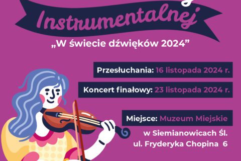 Plakat informujący o konkursie muzyki instrumentalnej "W świecie dźwięków 2024"