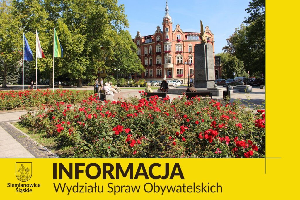 Informacja Wydziału Spraw Obywatelskich - grafika z widokiem na siemianowicki Ratusz. Żółty motyw kolorystyczny.