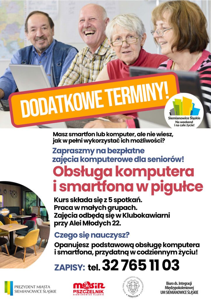 Plakat zapraszający na kursy komputerowe dla seniorów