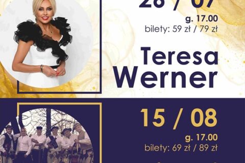 Afisz zapraszający do amfiteatru na koncerty Teresy Werner i Baciarów