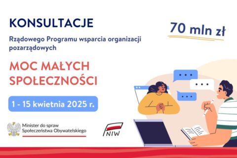 Plakat informujący o konsultacjach Moc Małych Społeczności.