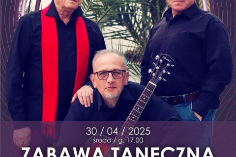 Plakat zapraszający na zabawę taneczną w kwietniu. Na filetowym tle trio Eminence