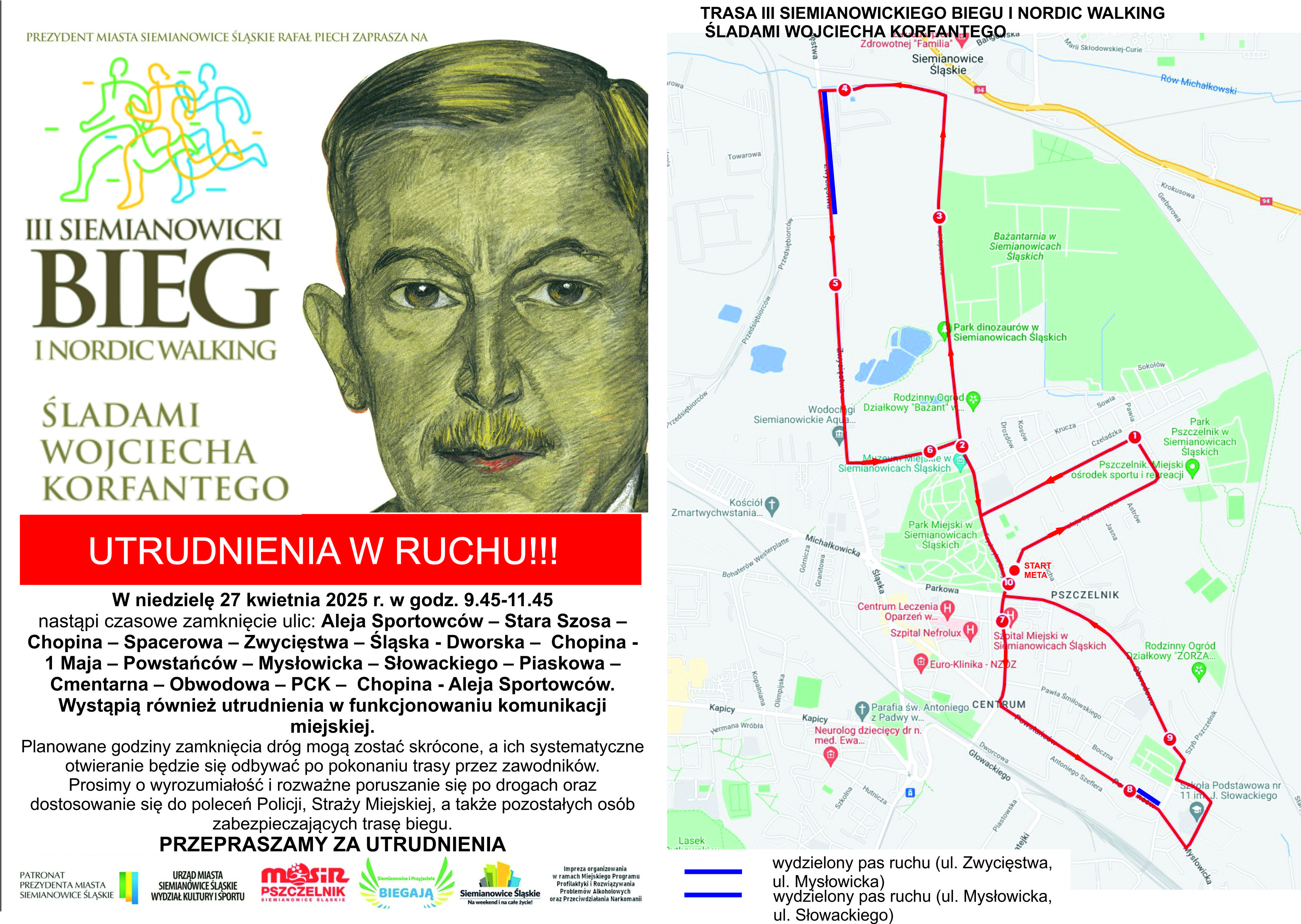 Utrudnienia w ruchu już w najbliższą niedzielę!!! III Siemianowicki Bieg i Nordic Walking „Śladami Wojciecha Korfantego”